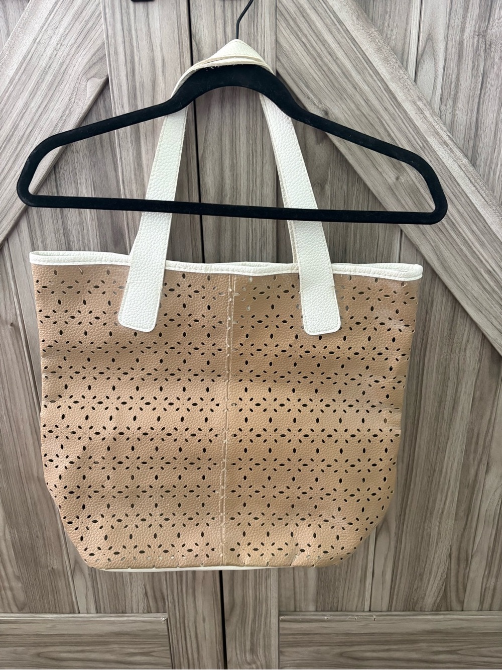 Saks Fifth Avenue Tan Tote with White Handles